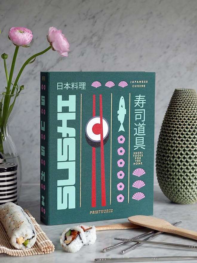 Printworks The Essentials, Sushi Tools – Sushi Making Kit with Roller, Rice Paddle, Spreading Knife, and 8 Chopsticks in an Elegant Book-Style Case