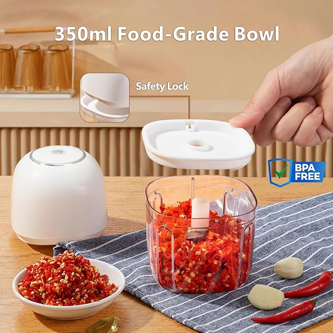 Wireless Food Chopper Mini, 350ml Cordless Food Processor, 1.4Cup Garlic Onion Chopper, Battery USB-C Rechargeable Electric Processor, Veggie Meat Blender, Small Kitchen Appliance, Mom's Gift, White