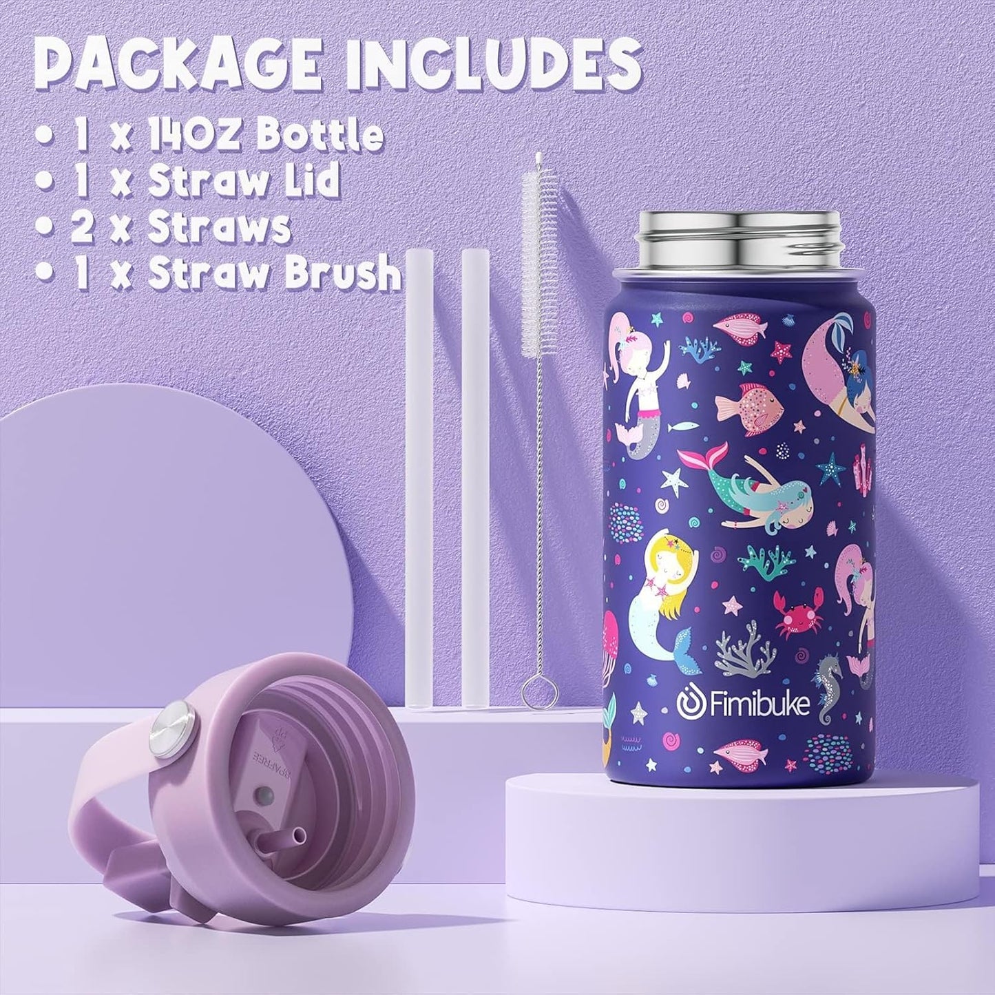 Fimibuke Kids Bento Lunch Box with 4 Compartments, Insulated lunch Bag, Stainless Steel Insulated Water Bottle, Ice Pack & Utensils Set, Birthday Gifts for Ages 3-12 Back to School Toddler Girls Boys