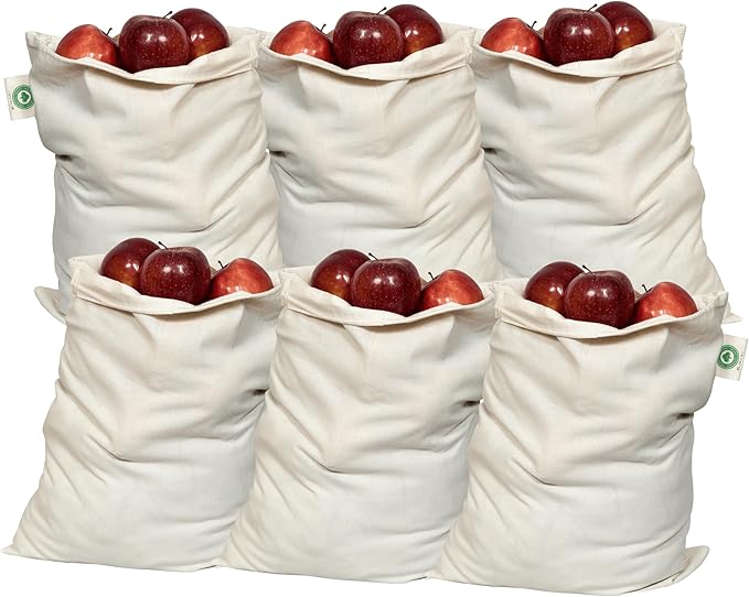 Food Grade Bulk Storage Bags - 6 Pack, XL Size, 100% Organic Cotton Drawstring Closure - Reusable, Washable, All-Natural Muslin Produce Flour Sack Cloth Bags for Grains (6 X-Large” 14”x18”)