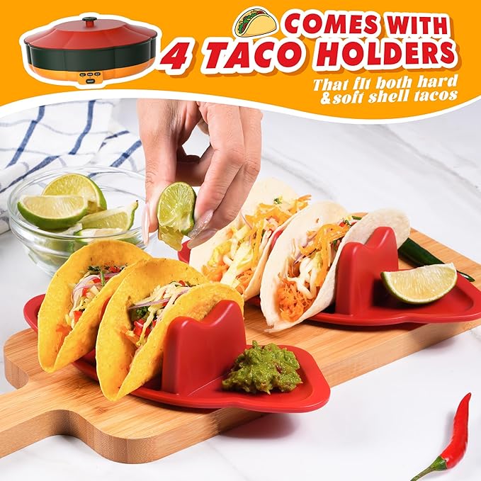 Taco Tuesday Kit - Taco Bar Serving Set for a Party with 33oz Heated Pot, 4 Taco Holders, Detachable Lazy Susan Tray, Perfect for Parties, Nachos Taco Night Fiesta Unique Couple & Housewarming Gift