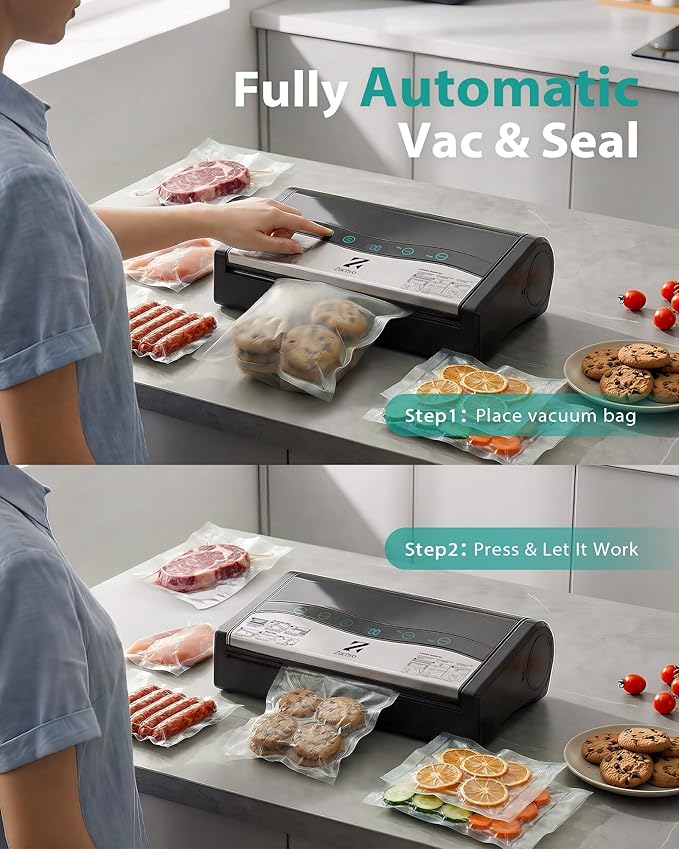 90kPa 10-in-1 Vacuum Sealer for Food, Double Heat Seal for for Bulk Meat Portioning, Dry & Moist Modes, Built-in Cutter and Bag Storage, Starter Kit with Bag Rolls and Hose, Black
