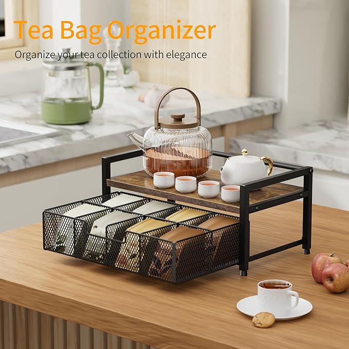 Tea Bag Organizer, Tea Bag Holder with Drawer, Wood and Metal Tea Organizers and Storage Chest for Countertop Kitchen, Office, Rustic Brown