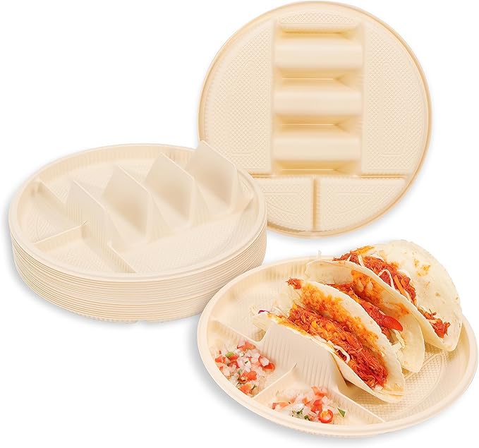 Large Disposable Taco Plates With Dipping Sides - 20 Pack, Biodegradable Cornstarch Taco Holder, Big Size Fit 6-8 Inch Soft & Hard Tortilla, Sturdy & Microwave Safe, Bar Serving Set For A Party