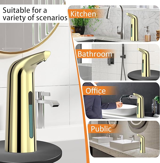 Automatic Soap Dispenser Touchless,400ML Hand & Dish Countertop Electric Liquid Rechargeable Dispenser with Sensor,Modern 4 Gear Adjustable Waterproof Kitchen Auto Soap Pump（Gold）