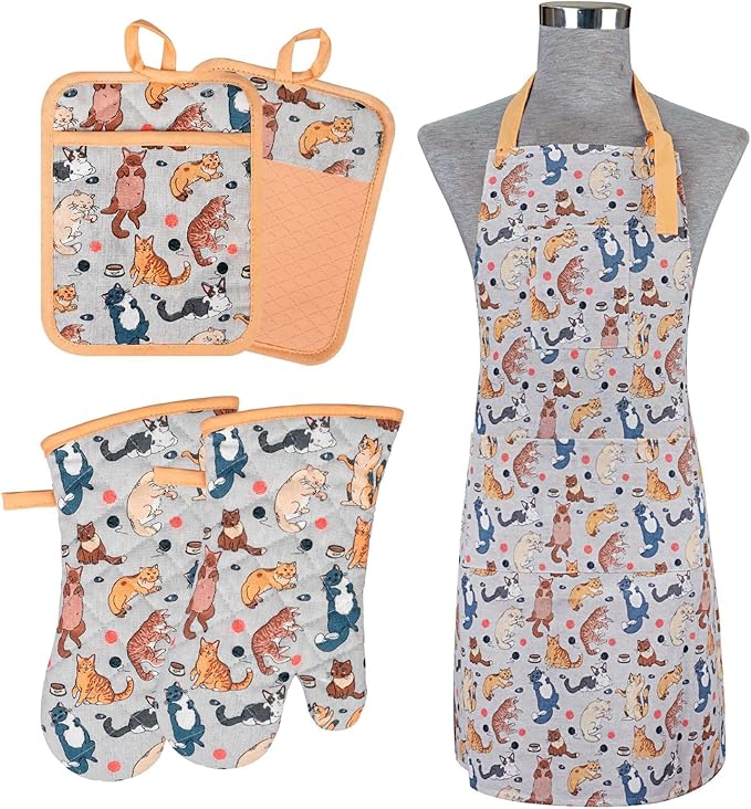 Alselo Oven Mitts and Pot Holders with Chef Apron,Set of 5 Heat Resistant Kitchen Gloves and Silicone Non-Slip Potholders Adjustable Neck Buckle Chef Apron, Cotton Nice Design for Cooking (Cat)