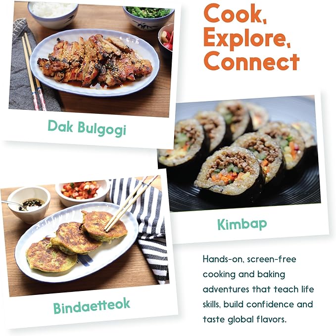 eat2explore Cooking Kits for Kids 14 Pcs – Interactive & Educational Kids Cooking Sets Real for Ages 5 and Up,3 Recipe Cards & Global Ingredients – Perfect for Families and Homeschooling (South Korea)