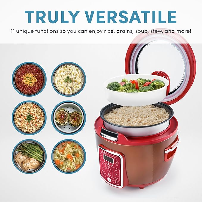 Cool Touch Rice Cooker with Glass Lid, Food Steamer, Slow Cooker, Multicooker with 11 Preset Functions, Steam Tray, Measuring Cup, Rice Spatula, 20 Cups (Cooked)