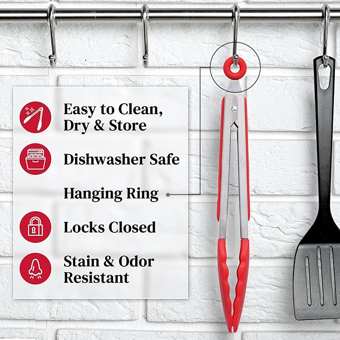 Popco 3-Piece Kitchen Tongs Set – Stainless Steel Heat Resistant Silicone Tips, Strong Comfort Grip, 3 Sizes (7, 9, 12 Inch), Non-Scratch, Dishwasher Safe, for Cooking, BBQ, Salad
