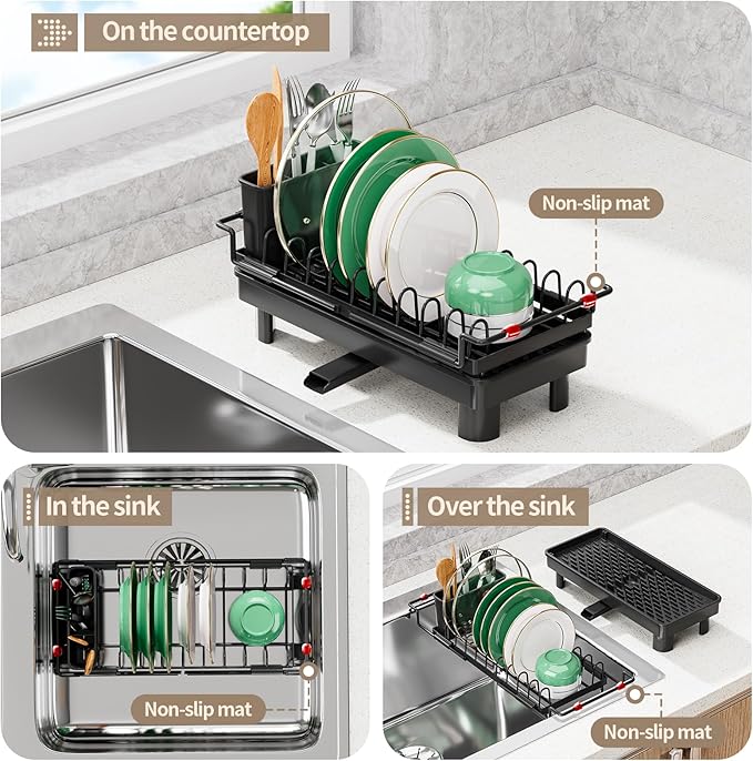 SanDream Dish Drying Rack, Small Over Sink Dish Drying Rack, Expandable Over the Sink Dish Drying Rack with Drip Tray for Kitchen Counter & in Sink