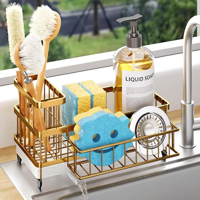 Consuemst Sponge Holder for Kitchen Sink - Auto Draining Sink Caddy Organizer with Detachable Rack, High Brush Holder, Kitchen Countertop Storage Accessories, Gold