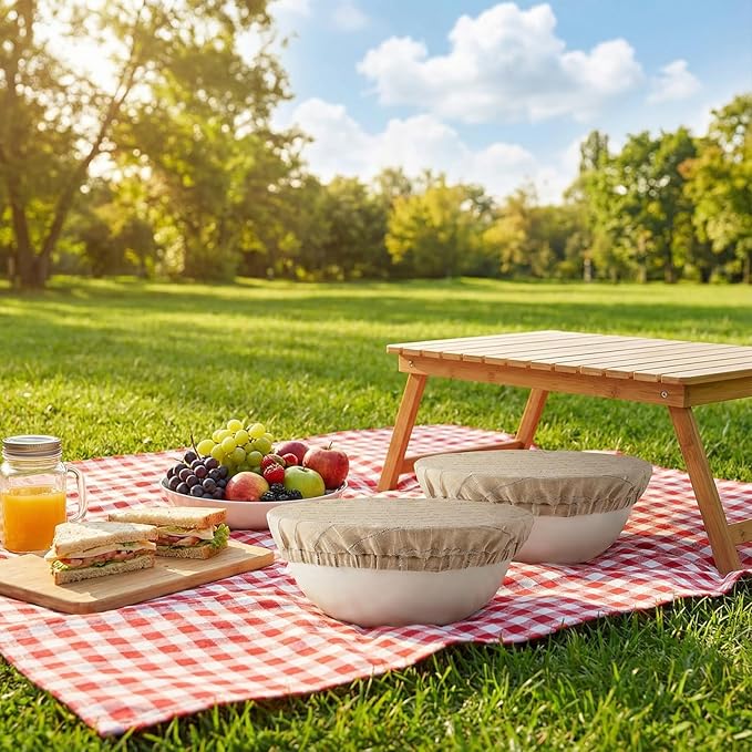 100% Pure Linen Bowl Covers For Bread Proofing, 2 Pcs 8 Inches Elastic Reusable Bowl Covers Large Ticking Striped Cloth Fabric Stretch Sourdough Lids