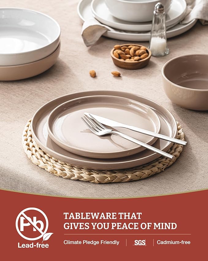Famiware Milkyway Plates and Bowls Sets, 12 Pieces Stoneware Dinnerware Sets, Dishes Set for 4, White & Cinnamon Brown