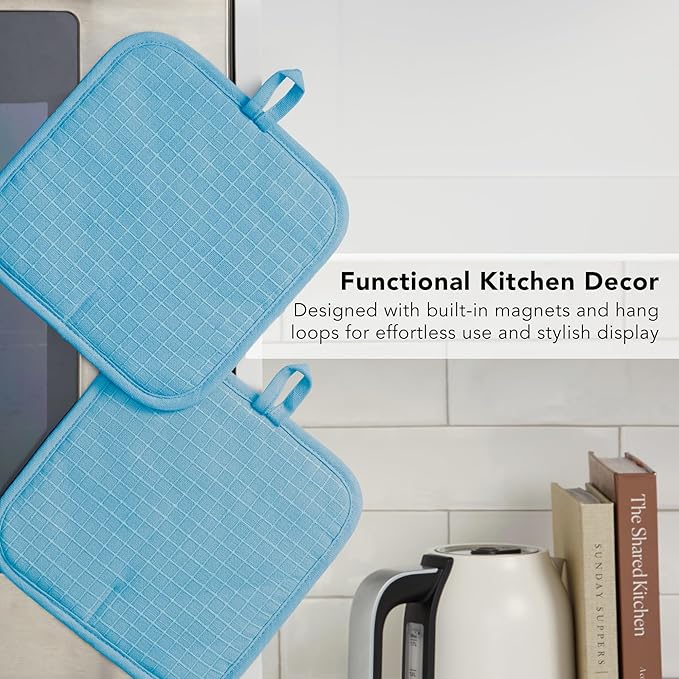 KITCHENAID Gourmet Series Gridlines Pot Holders 2-Pack Set, Heat Resistant up to 600°F, Soft Silicone Grip, Magnetic Cuff, Blue Velvet, 8"x8"