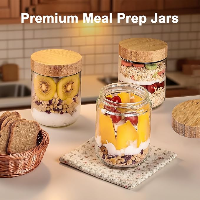 4 Pack 16oz Glass Jars with Bamboo Lids, Overnight Oats Containers with Airtight Lids, Storage Containers Wide Mouth Mason jars for Salad,Yogurt, Sugar, Snacks, Spices