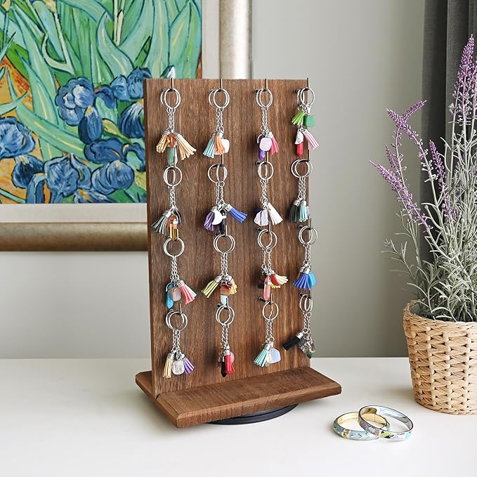 Ikee Design Wooden Rotating Two-Sided Jewelry Display Stand, Rotating Organizer with 32 Long Hooks for Store, Keychain Earring Display, Brown color, 9.1W x 7.5 D x 17.1 H in