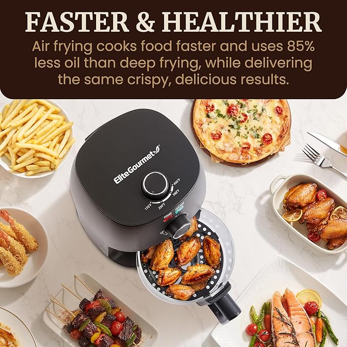 Elite Gourmet Glass Air Fryer, 2.4 Qt Compact Size for 1–2 People, PFAS-Free Ceramic & Glass Basket, Visible Cooking, Adjustable Temp 175–400°F, 1150W, Black