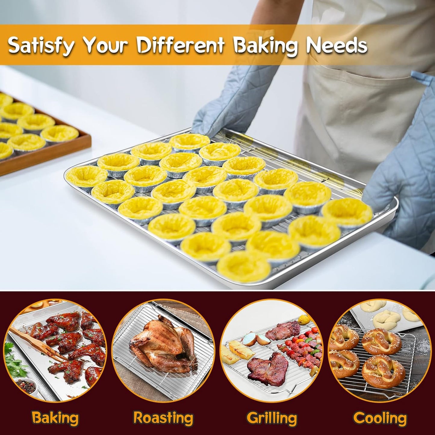 P&P CHEF 17.5 Inch Baking Sheet Pan with Rack Set, Stainless Steel Cookie Sheet Pan Tray with Cooling Rack for Oven Use, Cooking Roasting, Non Toxic & Dishwasher Safe, Heavy Duty