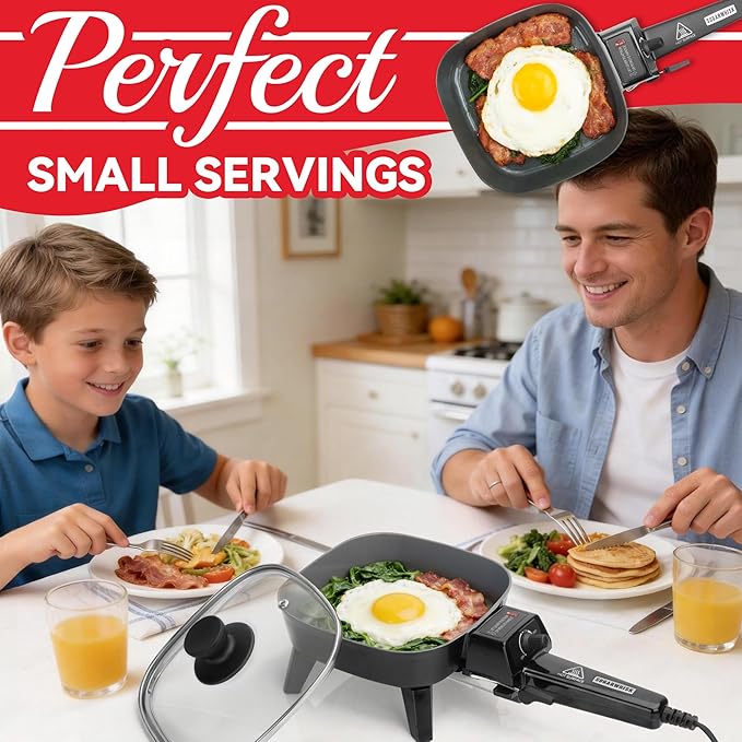 SugarWhisk Small Electric Skillet with Lid, Personal 7-inch Ceramic Coated Electric Skillet Griddle, Square Frying Pan with Temperature Control, Portable Cooking Appliances, Graphite
