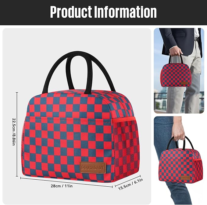douyadady Lunch Bag Women/Men Lunch Box Women/Men (Dark blue+Red Checkerboard)