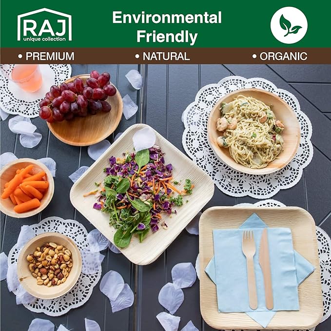 Raj Disposable Palm Leaf Bulk Bowls (200 Count, 4" Square Bowls) Strong Bowl Like Bamboo Party Bowl - Decorative Compostable Tableware for Lunch, Dinner, Birthday, Outdoor, BBQ, Picnic.