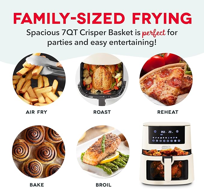 Dash Clear View Digital Air Fryer - Has AirCrisp® Technology - For Family-Sized Meals - Digital Touchscreen & Extra-Large Crisper Drawer - 7 Quarts - Cream