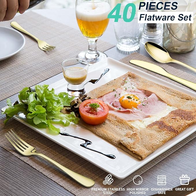VIVANI 40 Piece Champagne Gold Silverware Set for 8, 18/0 Stainless Steel Flatware Set with Advanced PVD Coating, Dishwasher Safe Cutlery Set for Everyday Home Kitchen and Apartment