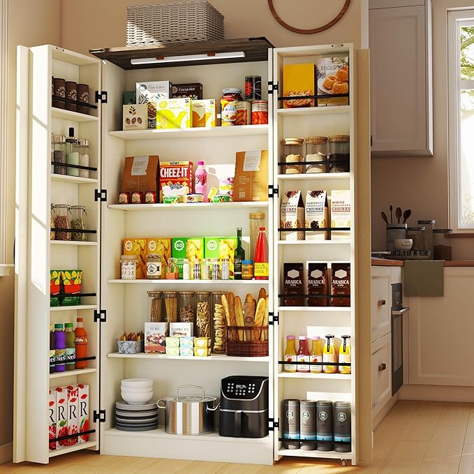 Tall Kitchen Pantry Cabinet: Food Pantry Cabinets for Kitchen Storage, Off White Wood Storage Cabinet with 2 Doors, Farmhouse Cabinets with Freestanding Cupboard