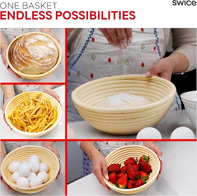 Swice Bread Proofing Basket, Round 9-Inch Banneton Sourdough Starter Kit with Lame, Dough Scraper, Linen Liner, and Basting Brush, Complete Bread Making Supplies and Tools