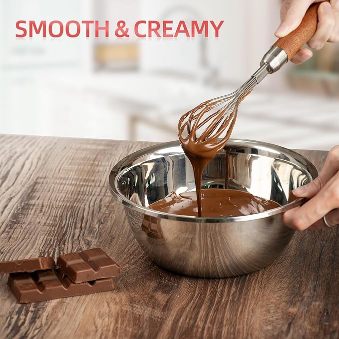 Stainless Steel Wire Whisk for Cooking- Wooden Handle Kitchen Multi Function Non Stick Balloon Whisk Egg Beater for Blending Whisking Beating Frothing Stirring Batters (9"L x 1.8"W)