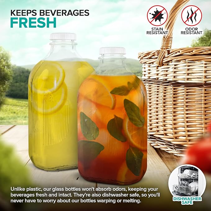 Stock Your Home Half Gallon Glass Bottle with Lid (1 Pack) 64 Oz Jugs and 3 White Caps, Reusable Food Grade Container for Refrigerator, Bottles for Juice, Oat or Plant Milks, Water, Honey