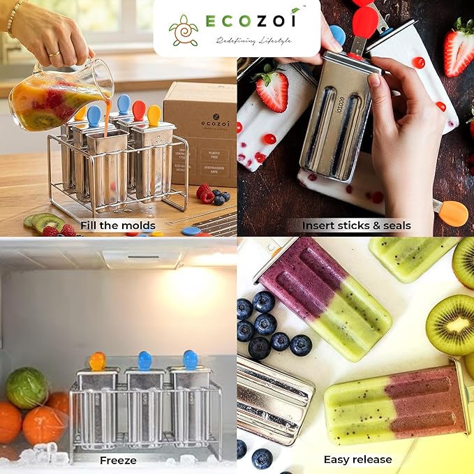 Ecozoi Stainless Steel Popsicle Molds – Reusable Metal Paleta Maker Set with 6 Molds, 6 Sticks, 12 Silicone Seals & Cleaning Brush – Easy Release Ice Pop Maker for Kids & Adults, 3 oz Each
