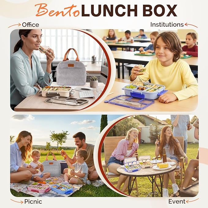 EASYFUN Bento Lunch Box Set Bento Box, 4-Compartment Lunch Containers,High Capacity Lunch Tote Bags for Work, Travel, Outdoor (Blue)