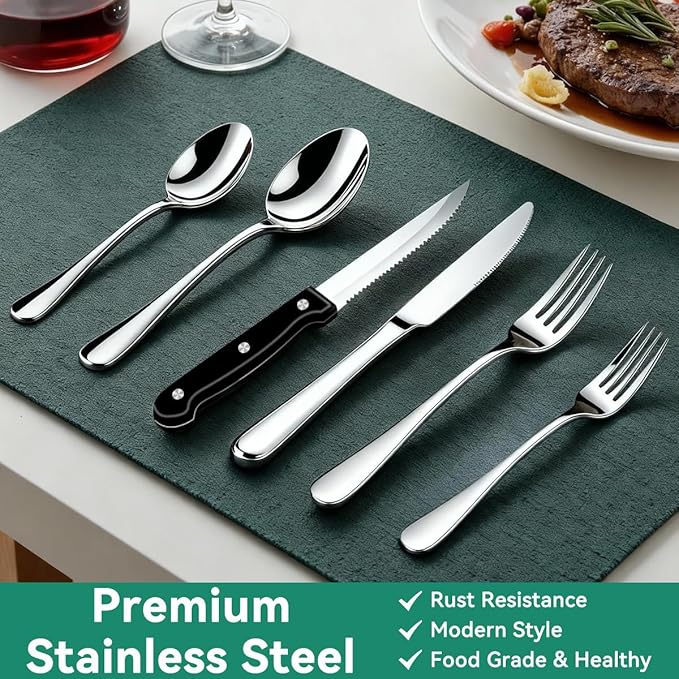 49-Piece Silverware Set with Organizer, Stainless Steel Flatware Utensils Set for 8, Forks and Spoons Silverware Set Cutlery Set with Steak Knives, Dishwasher Safe