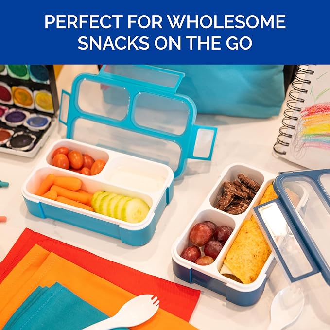 Small Snack Containers for Kids Toddlers - 3 Compartments (Set of 2) - Leak-Proof Reusable Boxes with Lids -BPA-Free Plastic Mini Bento Lunch Box - Ideal for School, Daycare, Holds 2 Cups (Navy+Blue)