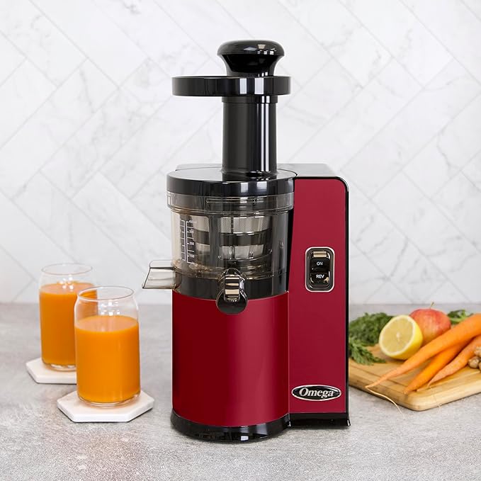 Omega Juicer Cold Press Vertical 43 RPM Slow Masticating Compact Juice Extractor for Fruits and Vegetables Quiet Operation with 3 Stage Auger Automatic Pulp Ejection and No-Drip Tap, 150-Watts, Red