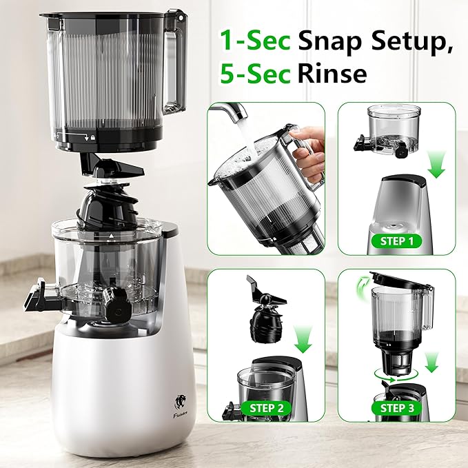 Cold Press Juicer, 6" Extra Large Feed Chute Slow Masticating Juicer Machines, Powerful AC Brushless Motor, Self Precut System, Juicer Machines with BPA-Free, Extra one Replace juicer strainer
