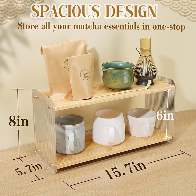 2Tier Matcha Whisk Set Organizer Station - Aesthetics Pine Wood Coffee Bar Accessories Station Organizer
