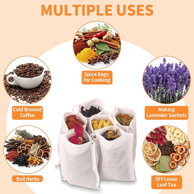 TamBee Disposable Drawstring Tea infusers Tea Filter Bags for Loose Tea Herbs 100Pcs 5.9" x 7.87" c for Brew Tea Cold Brew Coffee（ 5.9" x 7.87" /15 x 20cm） (100)