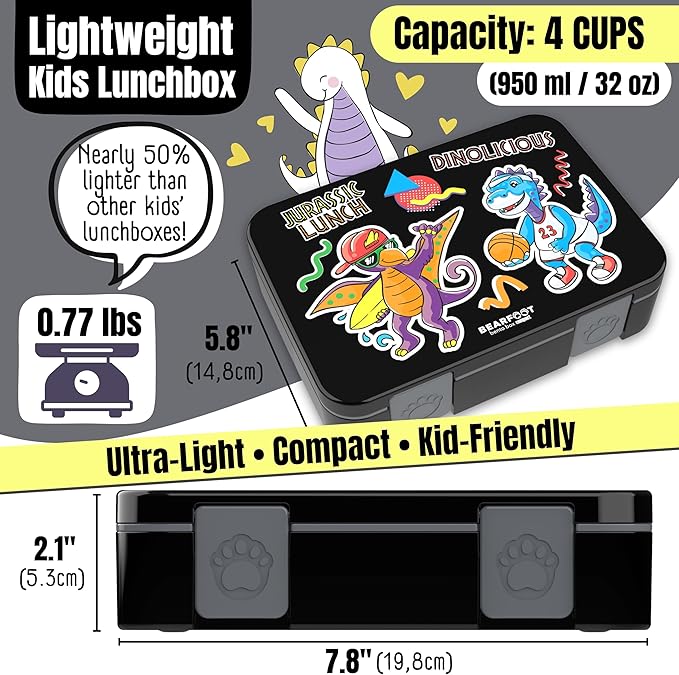 BEARFOOT Kids Lunch Box with Compartments – Compact & Lightweight | Leak-Proof, BPA-Free, Dishwasher & Microwave Safe | Hand-Drawn Design for Preschool, School, Travel (Dinos Black, 4 Cups)