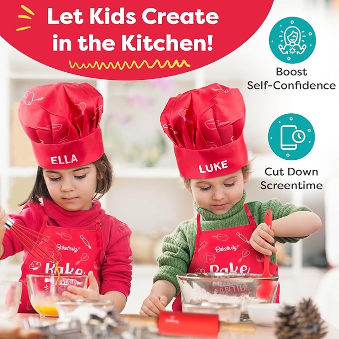 Baketivity Kids Chef Hat and Apron Set for Boys & Girls - One Size Fits All (Adjustable) - Premium, Washable Apron and Hat Set for Cooking - Young Chefs & Junior Bakers Chef Outfit for Kids
