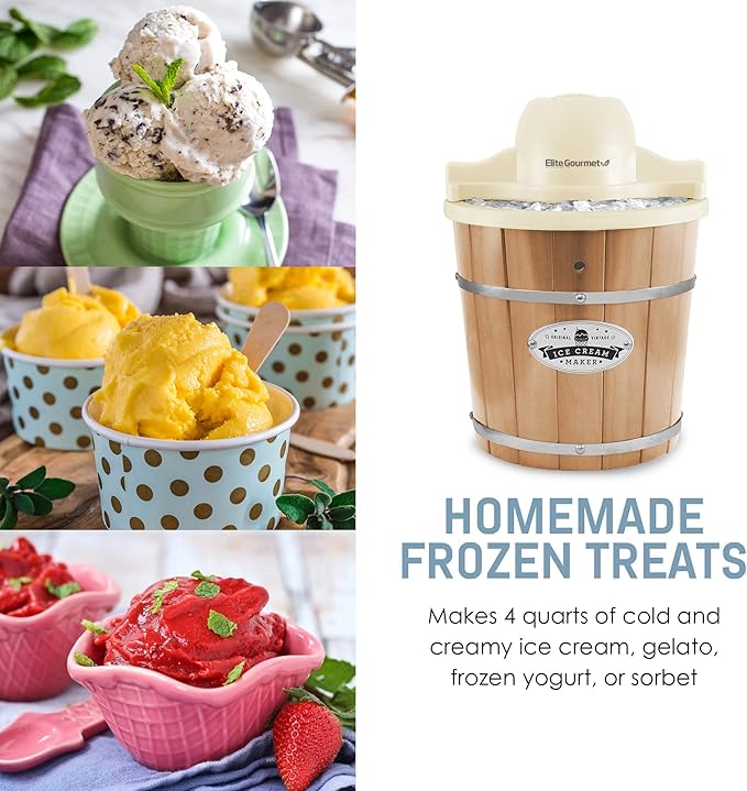 Elite Gourmet EIM-924LX 4 quart Old Fashioned Electric Ice Cream Maker, Pine Bucket