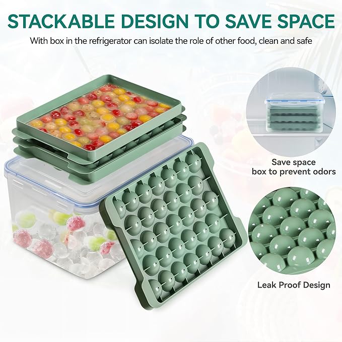 YITAHOME Round Ice Ball Cube Trays with Lid and Bin, Ice Ball Maker Molds for Freezer, Ice Container for Coffee Drinks Beverage Juice Cocktails Whiskey