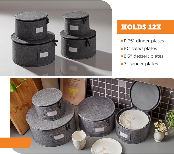 storageLAB China Storage Containers, Hard Shell Case with Felt Dividers for Charger Plates, and Dishes, Ideal for Kitchen Organization, Moving Supplies, and Fine China Storage - 4-Piece Set, Gray
