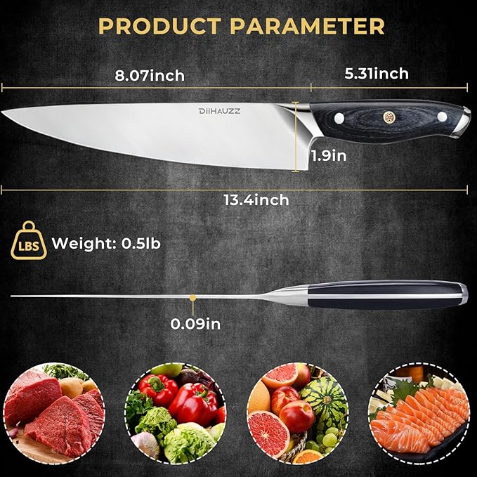 Chef Knife, 8 Inch Ultra Sharp Kitchen Knife, Professional High Carbon Steel Chefs Knife with Full-Tang Ergonomic Handle for Kitchen, Gift Box for Mothers Day Gift