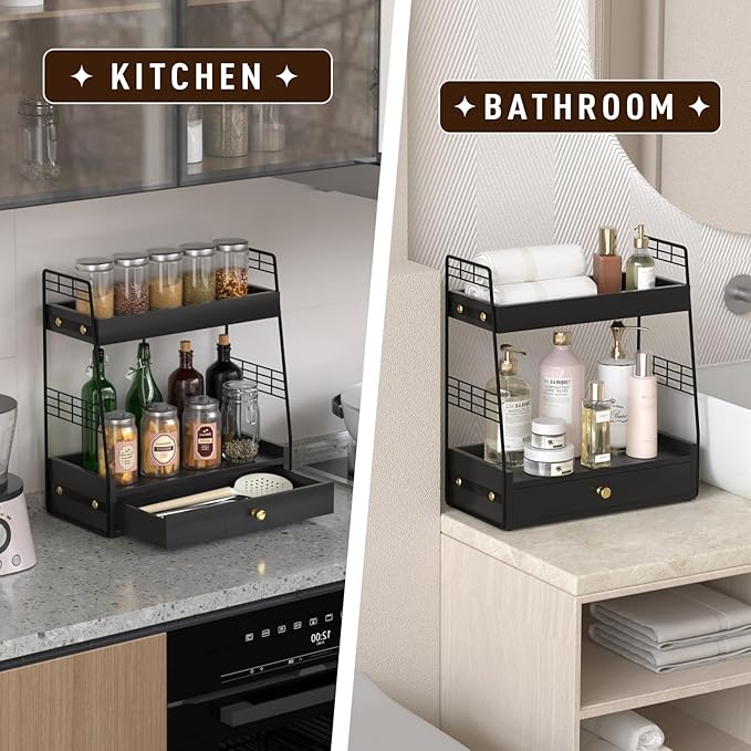 Coffee Bar Station Organizer with Built-In Drawer, 2-Tier Countertop Shelf for Tea Bags, Coffee Accessories, Syrup Bottles (Black)