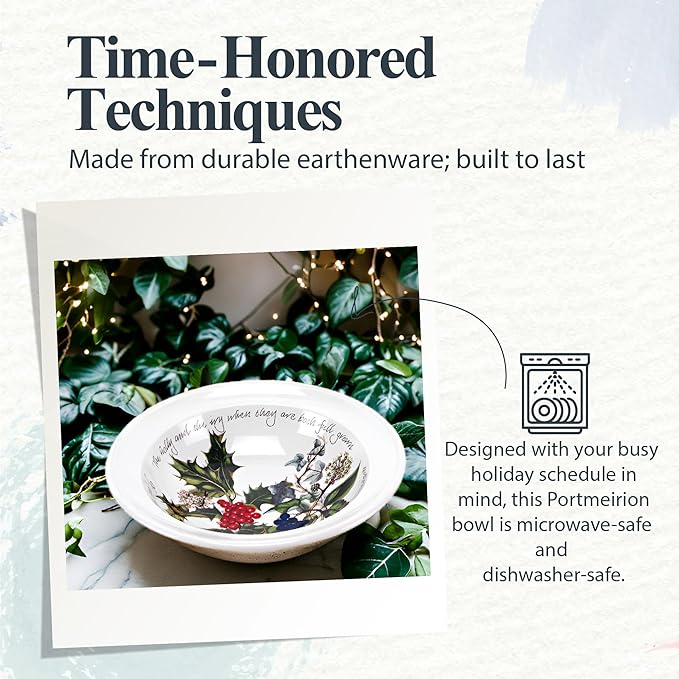Portmeirion Holly and Ivy 6.5" Cereal Bowls (Set of 6) - Dishwasher & Microwave Safe Round Bowls, Hand-Decorated Earthenware, Everyday Breakfast Bowls for Holiday Dinnerware