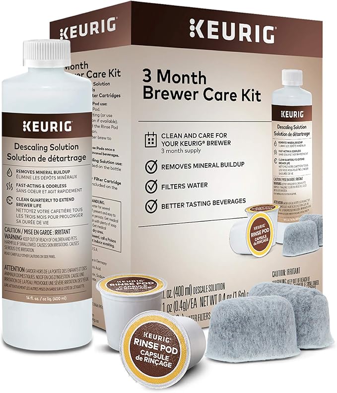 Keurig K-Elite Coffee Maker, Single Serve K-Cup Pod Coffee Brewer, Brushed Gold & 3-Month Brewer Maintenance Kit Includes Descaling Solution, Water Filter Cartridges & Rinse Pods, 7 Count