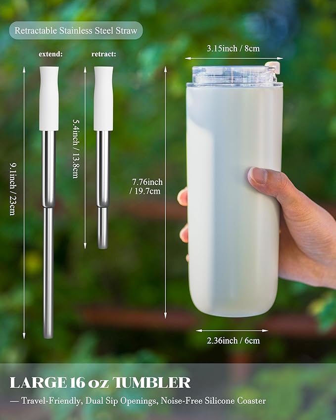 16 oz Insulated Coffee Tumblers, Travel Coffee Tumblers with Straw, Double-Wall Stainless Steel Tumbler, Leak Proof Tumbler, Reusable Cups with Lids for lced and Hot Drinks (Cream)