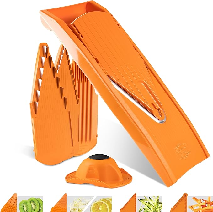 Mandoline Food Slicer Börner V1 (Starter Set) by Reston Lloyd • V-Slicer with 3 Blade Inserts & Food Holder • Made in Germany • Fruit & Vegetable Chopper • Multiple Settings • Color: Orange